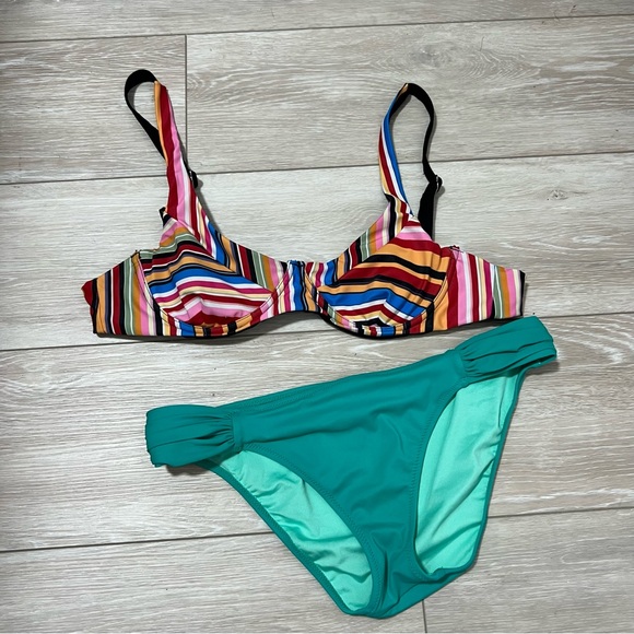 Victoria’s Secret Zaful bikini‎ swimsuit set stripe bra top teal bottoms - Picture 1 of 8